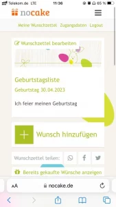 Smartphoneansicht des NoCake Wunschzettels