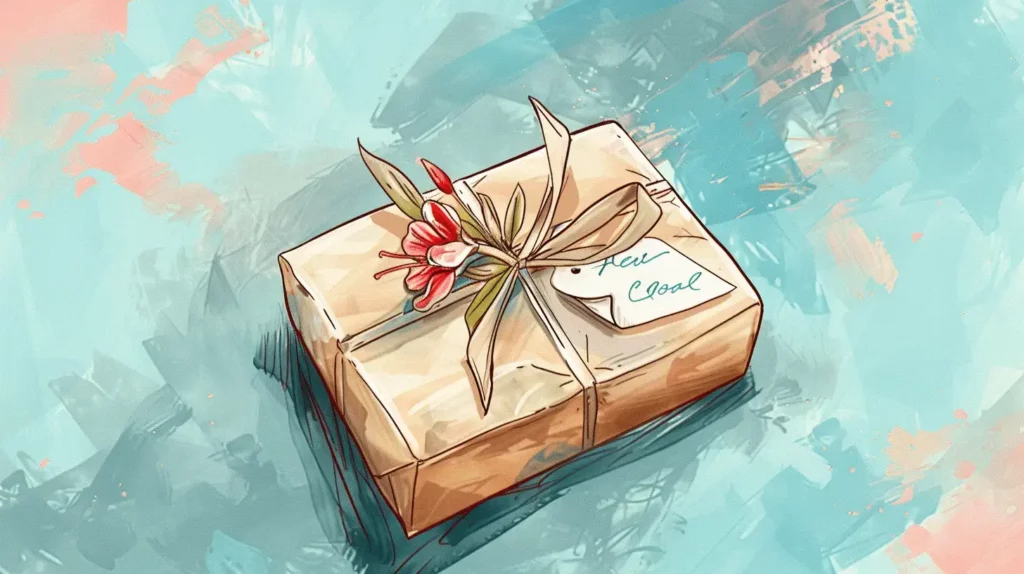 Geschenk mit Blume und Karte dekoriert