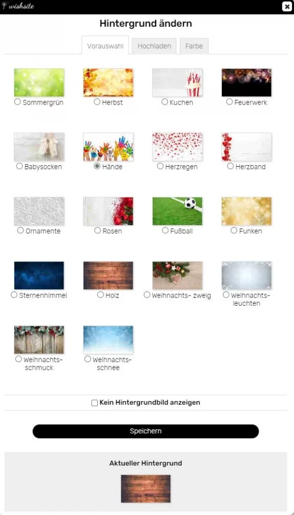Auswahl unterschiedlicher Hintergründe für die Wishsite Wunschliste