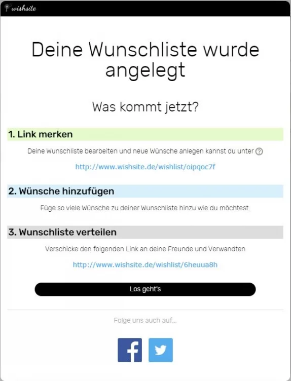 Die Wishsite Wunschliste funktioniert mit zwei unterschiedlichen Links