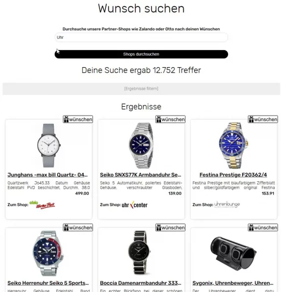 Die Produktsuche bei der WIshsite Wunschliste